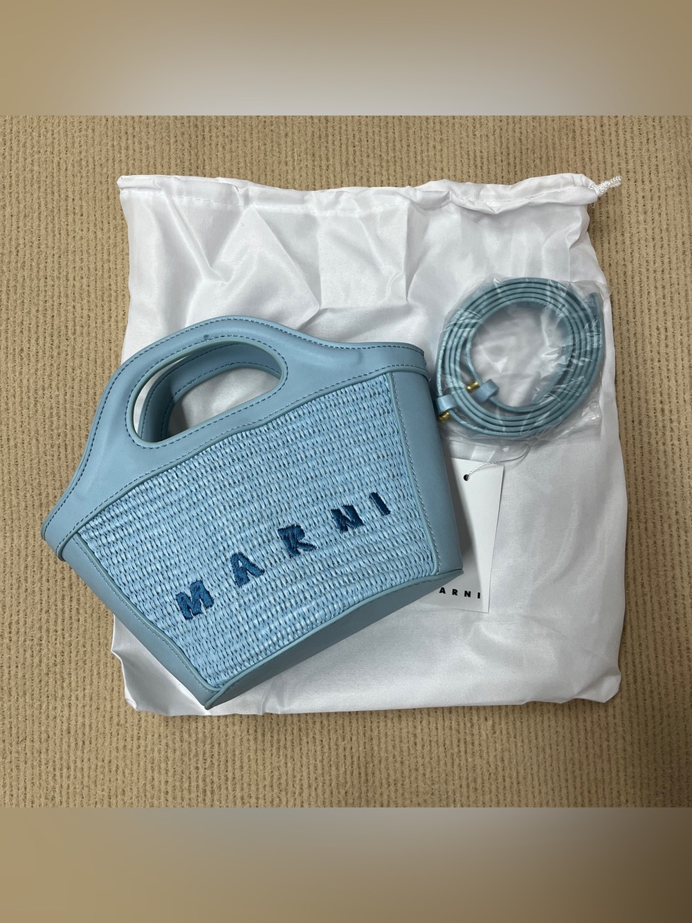 Marni Powder Blue Raffia & Leather Mini Tote